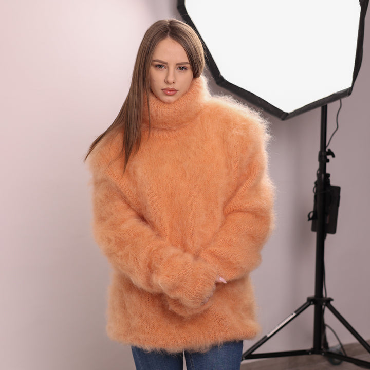 Fluffy Kid Mohair Sweater, Chunky Turtleneck Knit, Oversized Orange Pullover T2170