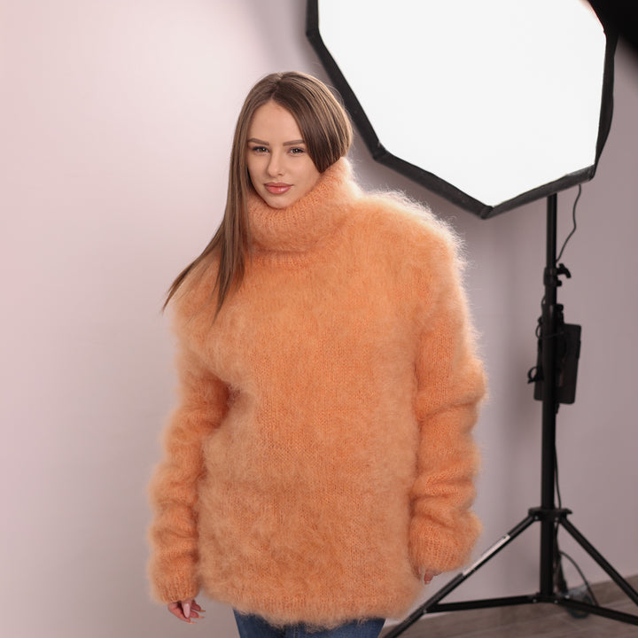 Fluffy Kid Mohair Sweater, Chunky Turtleneck Knit, Oversized Orange Pullover T2170