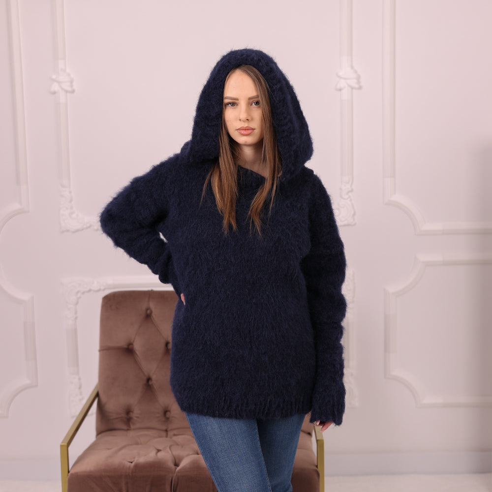 Brushed Baby Suri Alpaca Hoodie, Fluffy Knit Sweater, Navy Hooded Pullover T2171