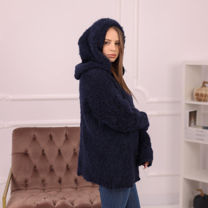 Brushed Baby Suri Alpaca Hoodie, Fluffy Knit Sweater, Navy Hooded Pullover T2171