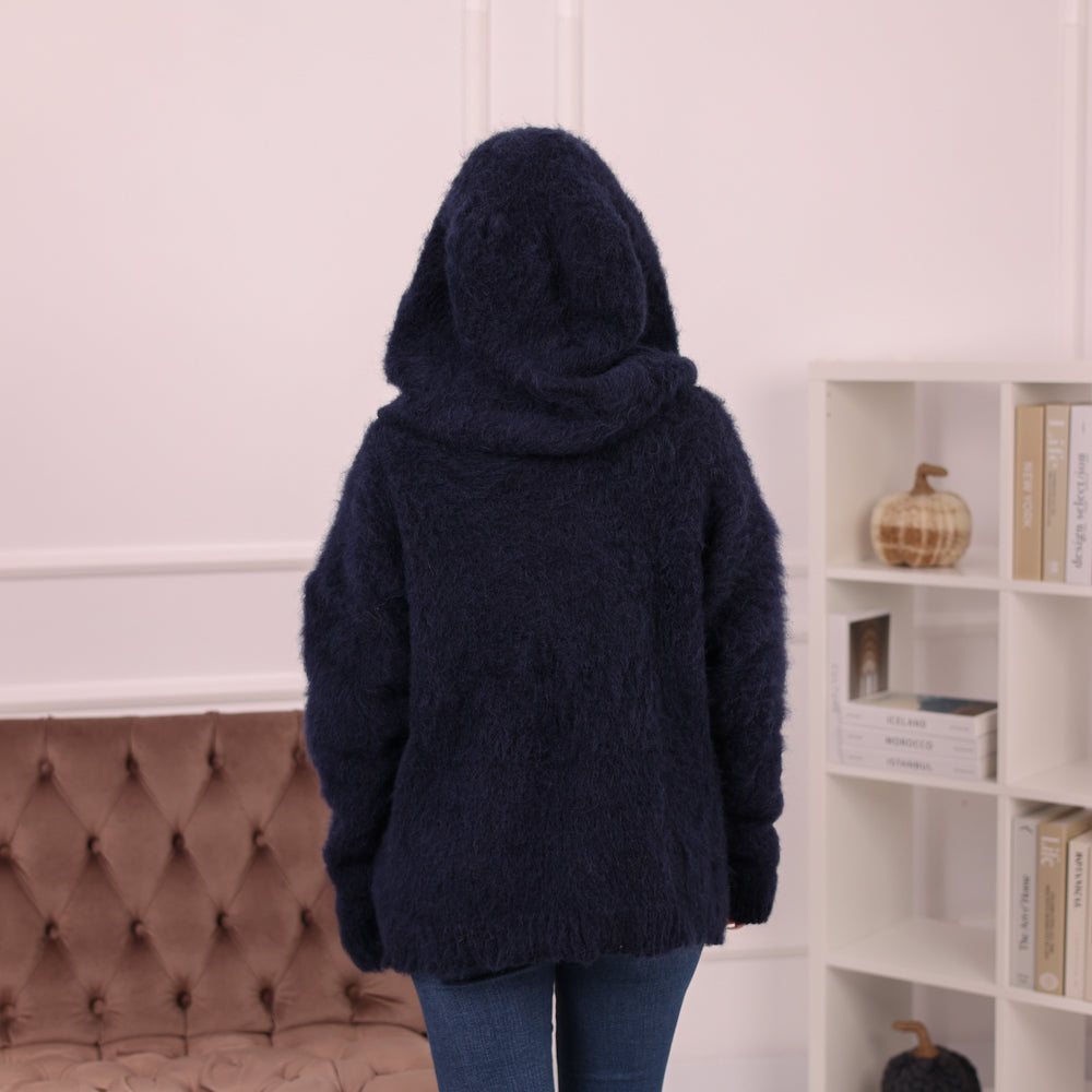 Brushed Baby Suri Alpaca Hoodie, Fluffy Knit Sweater, Navy Hooded Pullover T2171