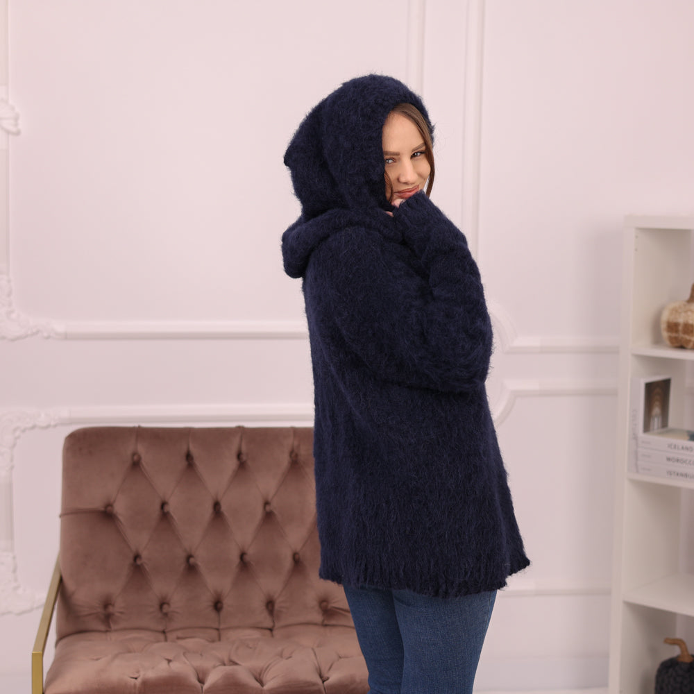 Brushed Baby Suri Alpaca Hoodie, Fluffy Knit Sweater, Navy Hooded Pullover T2171