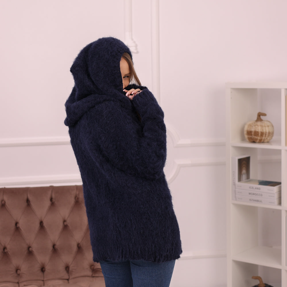 Brushed Baby Suri Alpaca Hoodie, Fluffy Knit Sweater, Navy Hooded Pullover T2171
