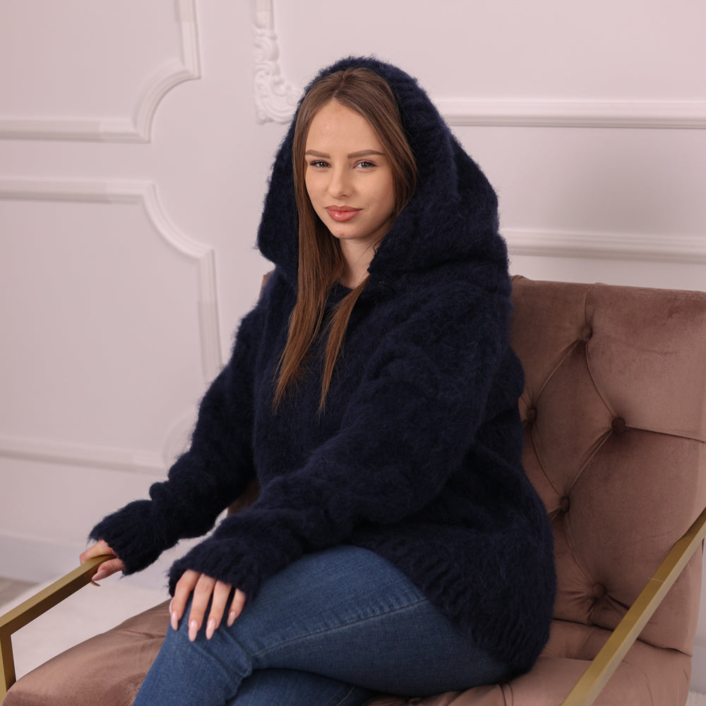 Brushed Baby Suri Alpaca Hoodie, Fluffy Knit Sweater, Navy Hooded Pullover T2171