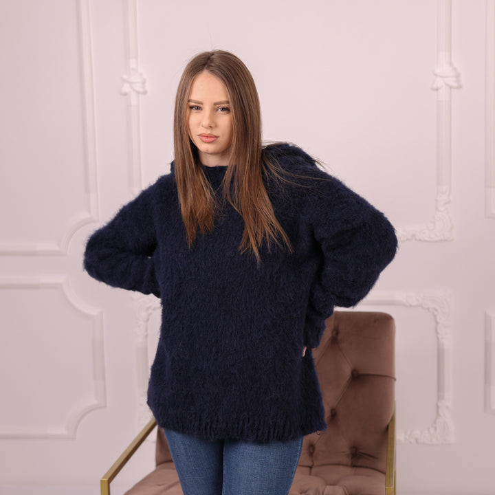 Brushed Baby Suri Alpaca Hoodie, Fluffy Knit Sweater, Navy Hooded Pullover T2171