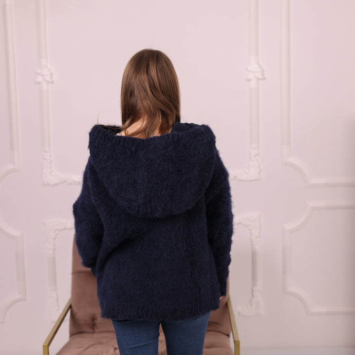 Brushed Baby Suri Alpaca Hoodie, Fluffy Knit Sweater, Navy Hooded Pullover T2171