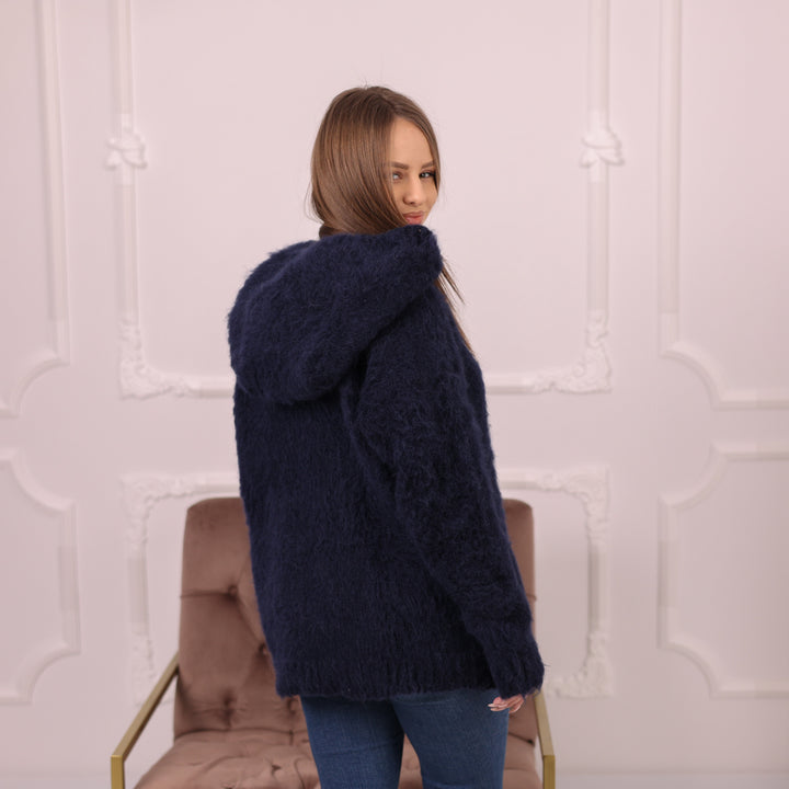 Brushed Baby Suri Alpaca Hoodie, Fluffy Knit Sweater, Navy Hooded Pullover T2171