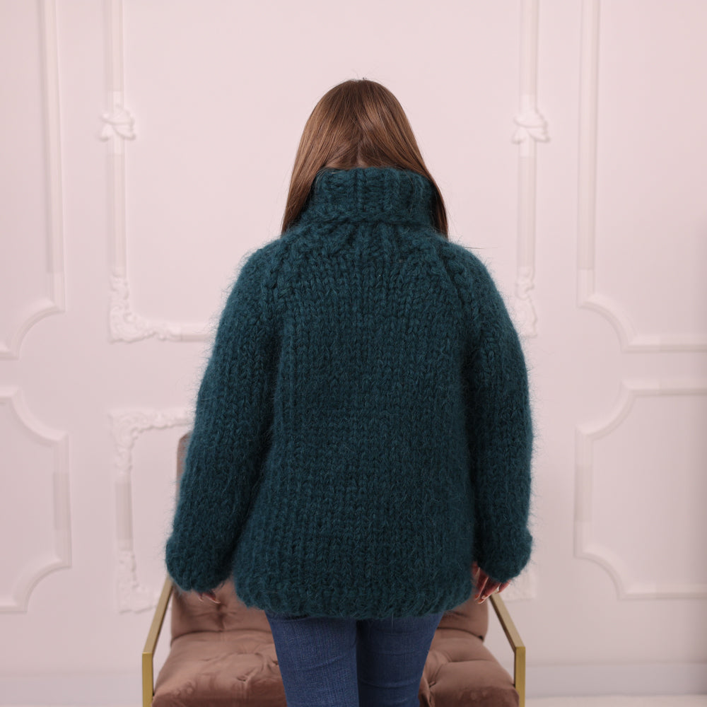 10 Strand Mohair Sweater, Chunky Turtleneck Knit, Oversized Green Pullover T2174