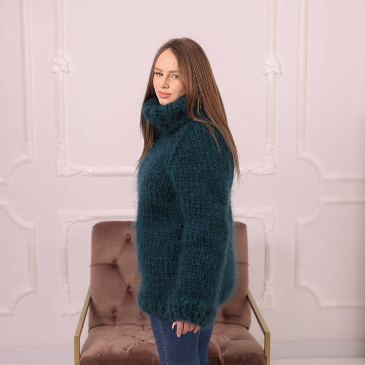 10 Strand Mohair Sweater, Chunky Turtleneck Knit, Oversized Green Pullover T2174