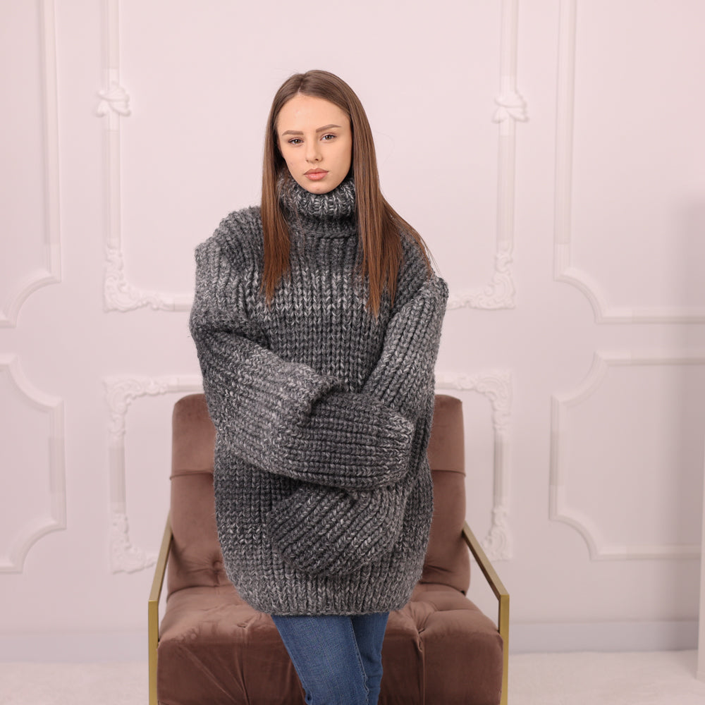 Chunky Alpaca Sweater, Heavy Turtleneck Knit, Oversized Gray Melange Pullover T2175
