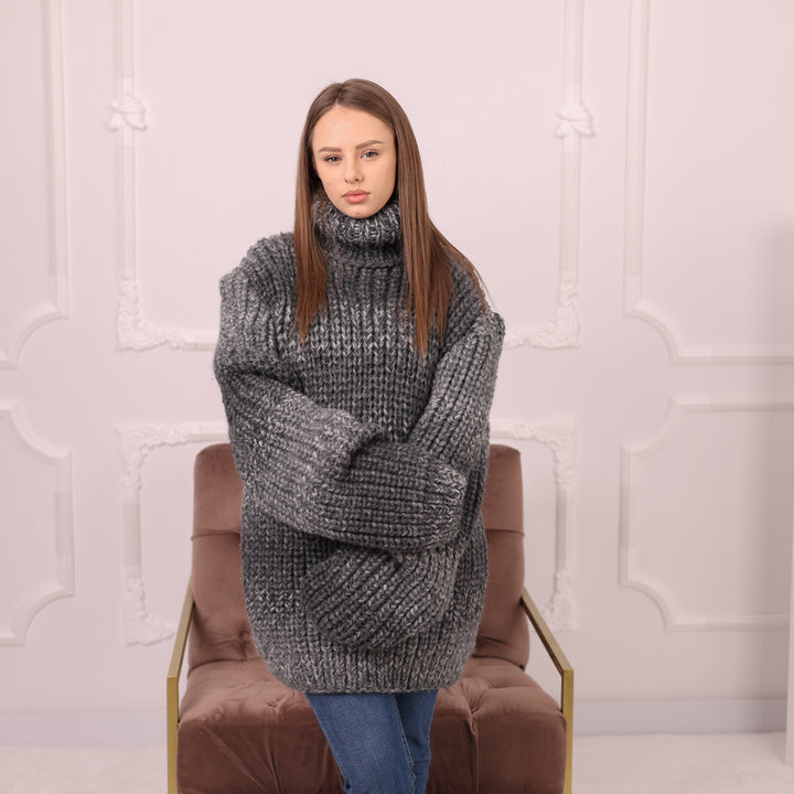 Chunky Alpaca Sweater, Heavy Turtleneck Knit, Oversized Gray Melange Pullover T2175