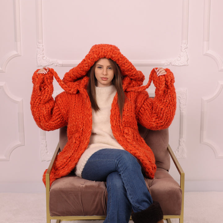 25 Strand Wool Alpaca Cardigan Coat, Extra Chunky Hooded Knit Jacket T2193