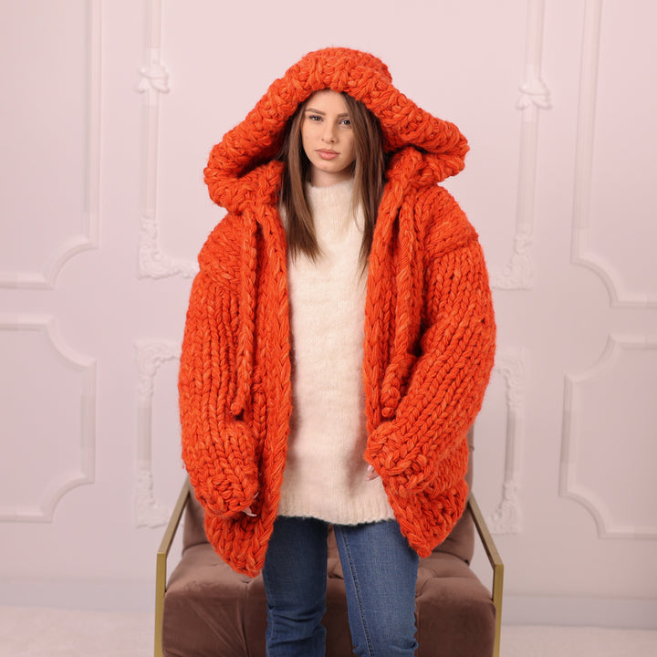 25 Strand Wool Alpaca Cardigan Coat, Extra Chunky Hooded Knit Jacket T2193