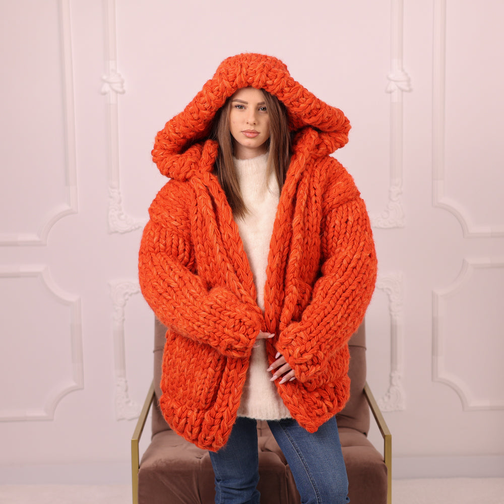 25 Strand Wool Alpaca Cardigan Coat, Extra Chunky Hooded Knit Jacket T2193