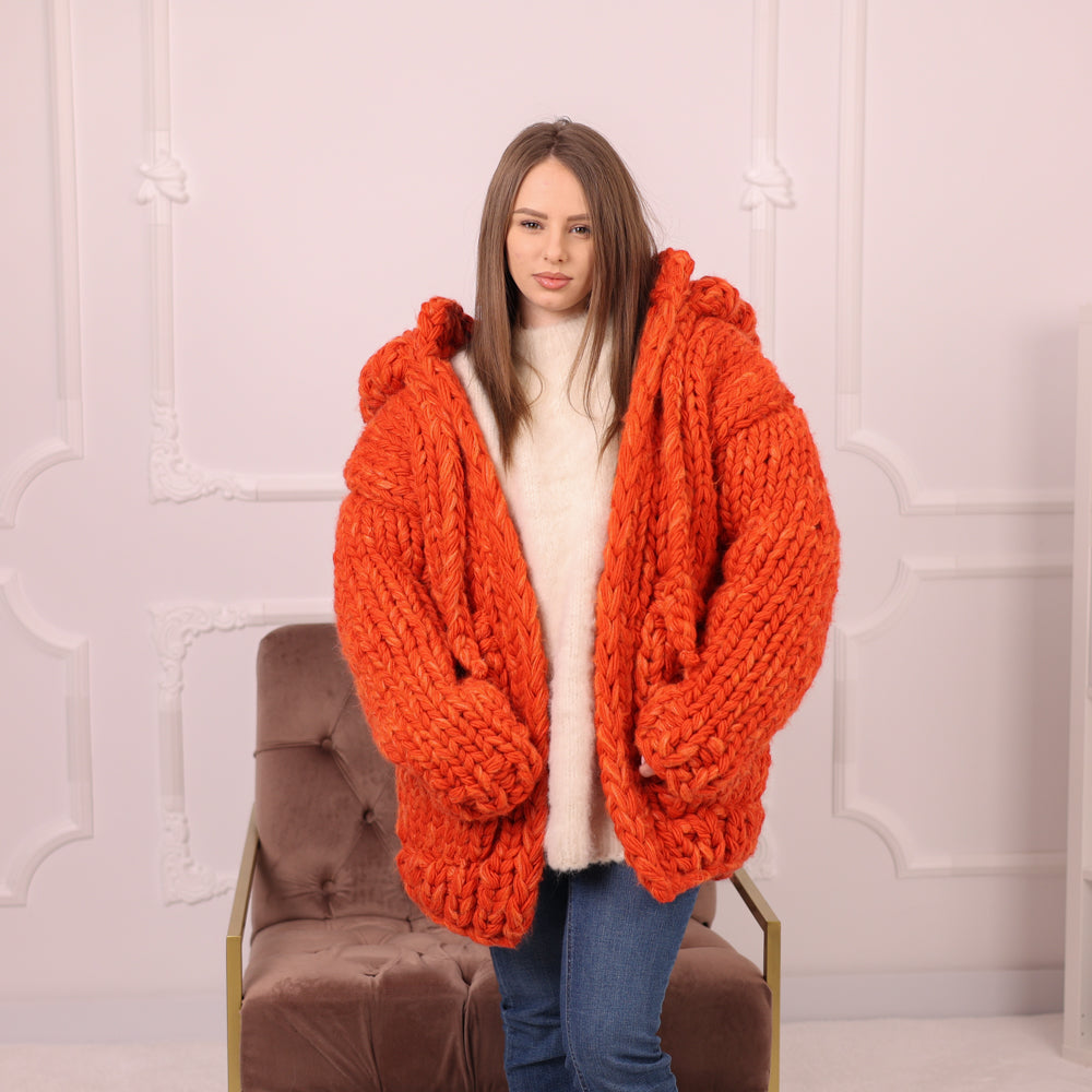 25 Strand Wool Alpaca Cardigan Coat, Extra Chunky Hooded Knit Jacket T2193