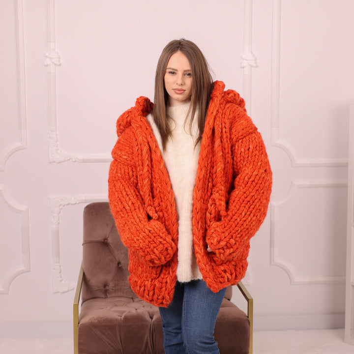 25 Strand Wool Alpaca Cardigan Coat, Extra Chunky Hooded Knit Jacket T2193