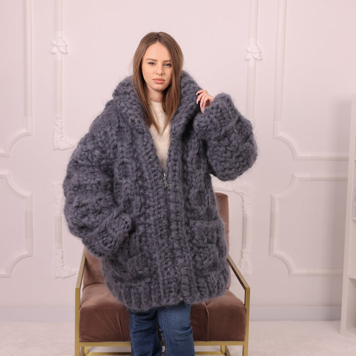 25 Strand Mohair Cardigan Coat, Extra Chunky Zip Sweater, Oversized Heavy Knit Jacket T2192