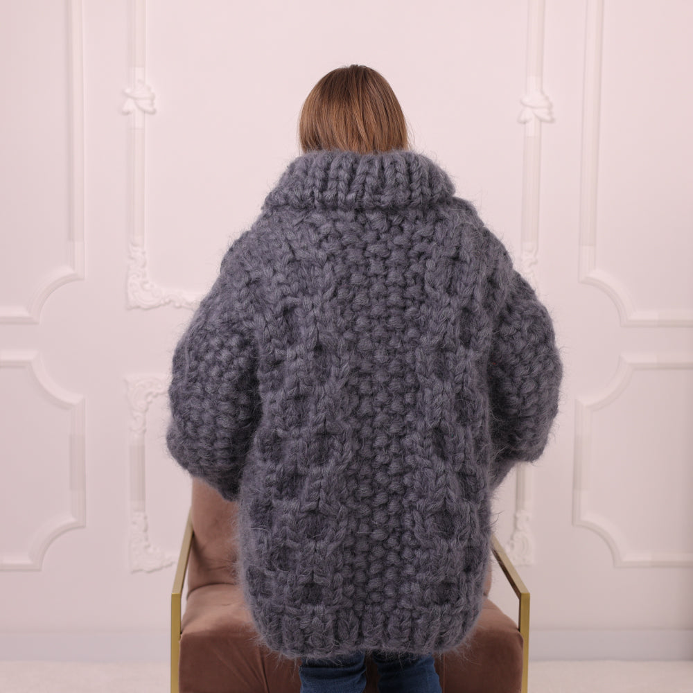 25 Strand Mohair Cardigan Coat, Extra Chunky Zip Sweater, Oversized Heavy Knit Jacket T2192