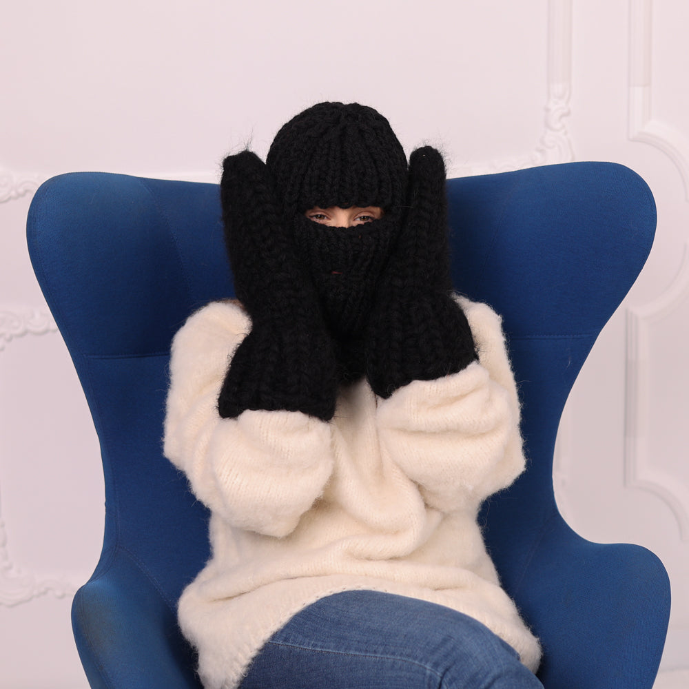 5 Strand Wool Balaclava, Chunky Rib Knit Ski Mask, Black Winter Hood T2179