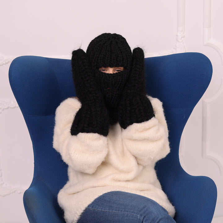 5 Strand Wool Balaclava, Chunky Rib Knit Ski Mask, Black Winter Hood T2179
