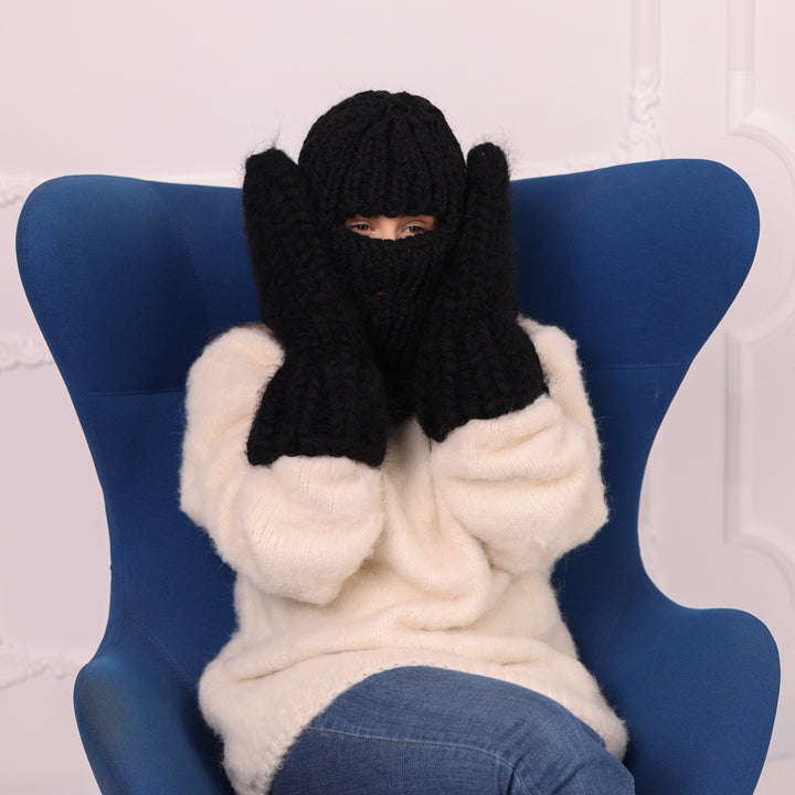 5 Strand Wool Balaclava, Chunky Rib Knit Ski Mask, Black Winter Hood T2179