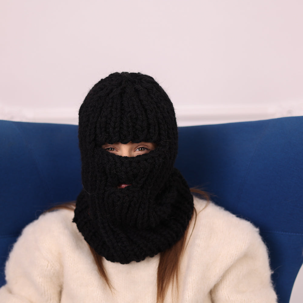 5 Strand Wool Balaclava, Chunky Rib Knit Ski Mask, Black Winter Hood T2179