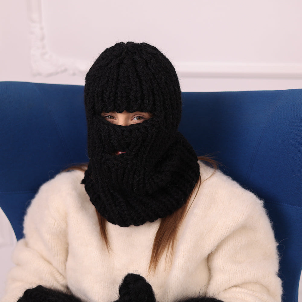 5 Strand Wool Balaclava, Chunky Rib Knit Ski Mask, Black Winter Hood T2179