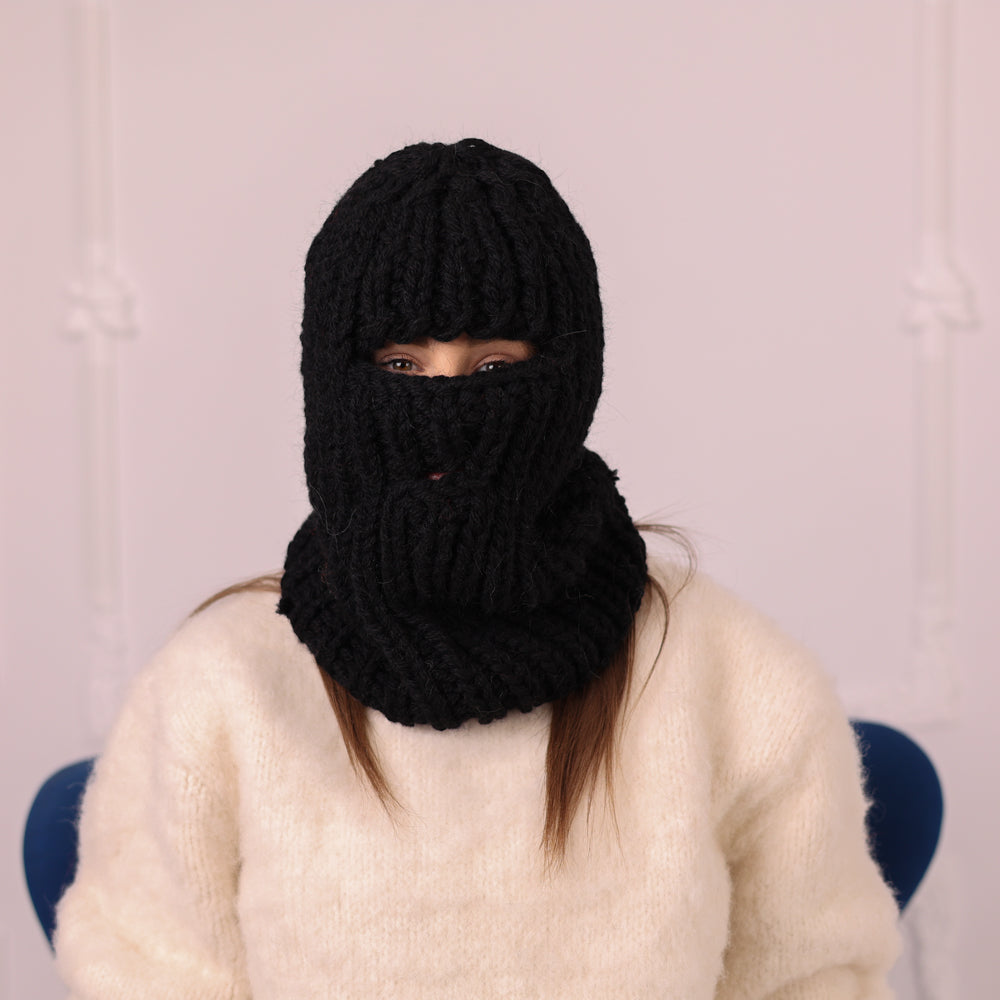 5 Strand Wool Balaclava, Chunky Rib Knit Ski Mask, Black Winter Hood T2179