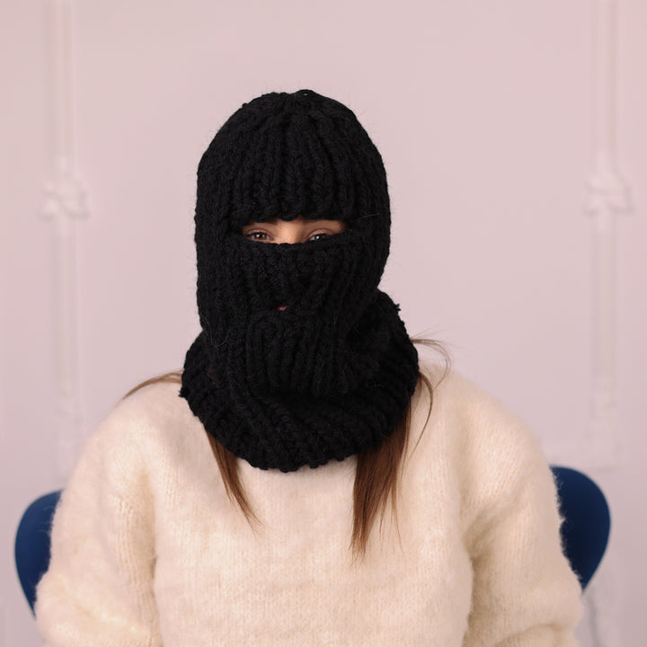 5 Strand Wool Balaclava, Chunky Rib Knit Ski Mask, Black Winter Hood T2179