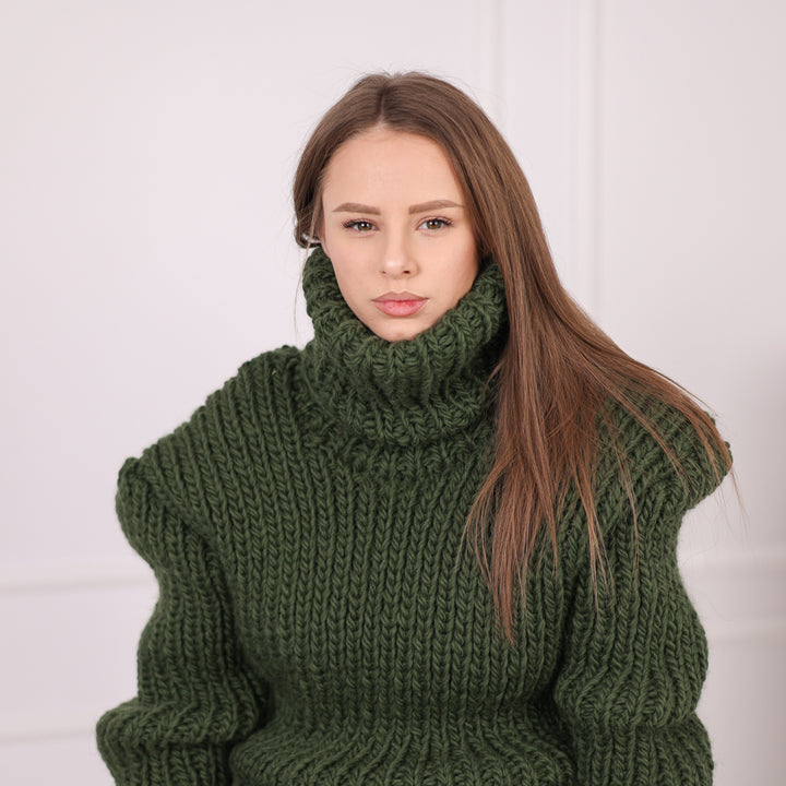 Chunky Wool Ribbed Sweater, Oversized Turtleneck Knit, Green Winter Pullover T2186