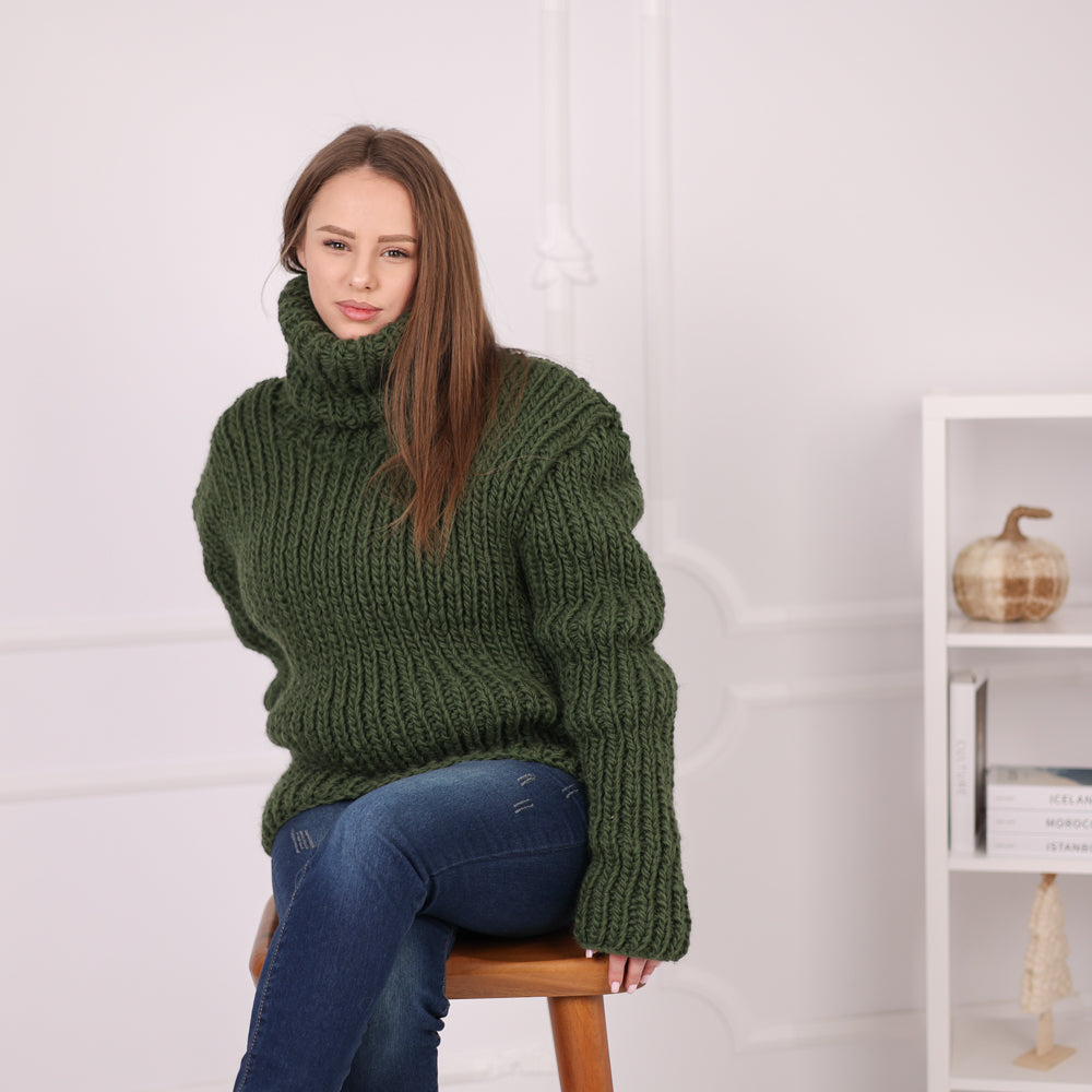 Chunky Wool Ribbed Sweater, Oversized Turtleneck Knit, Green Winter Pullover T2186
