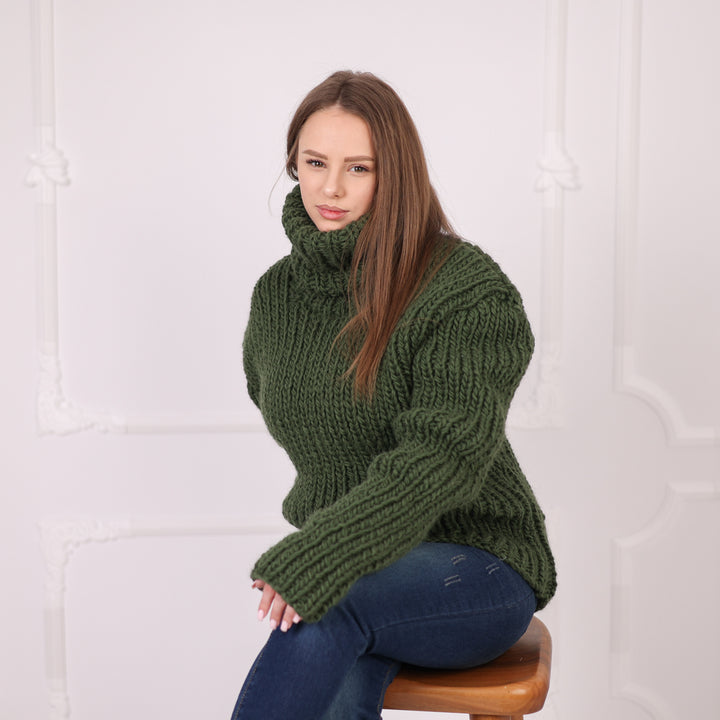 Chunky Wool Ribbed Sweater, Oversized Turtleneck Knit, Green Winter Pullover T2186