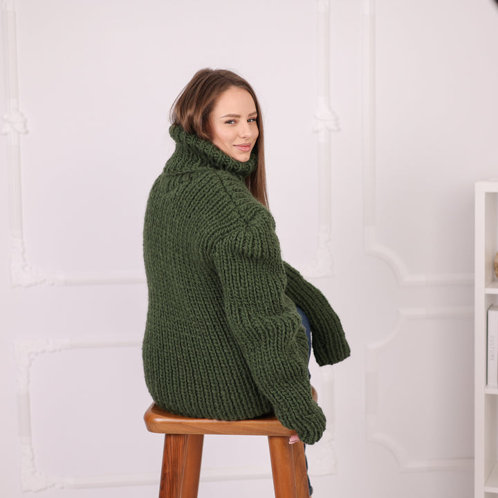 Chunky Wool Ribbed Sweater, Oversized Turtleneck Knit, Green Winter Pullover T2186