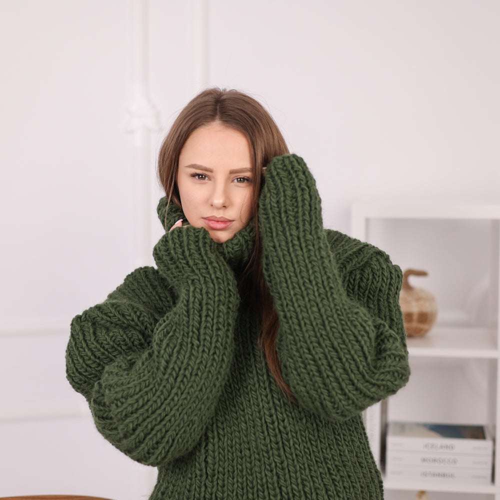 Tiffy Mohair Green Chunky Wool Ribbed Turtleneck T2186