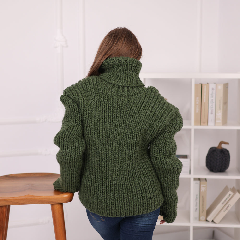Chunky Wool Ribbed Sweater, Oversized Turtleneck Knit, Green Winter Pullover T2186