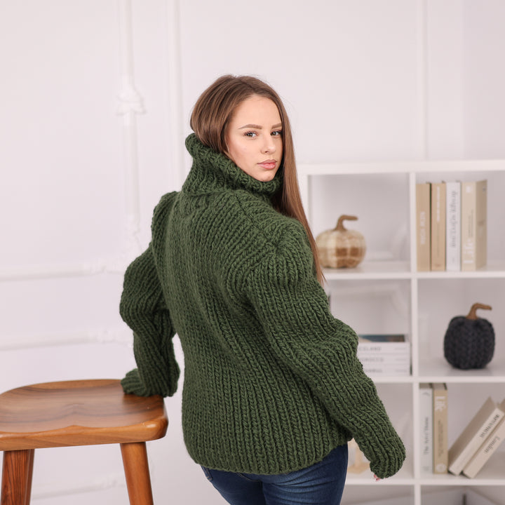 Chunky Wool Ribbed Sweater, Oversized Turtleneck Knit, Green Winter Pullover T2186