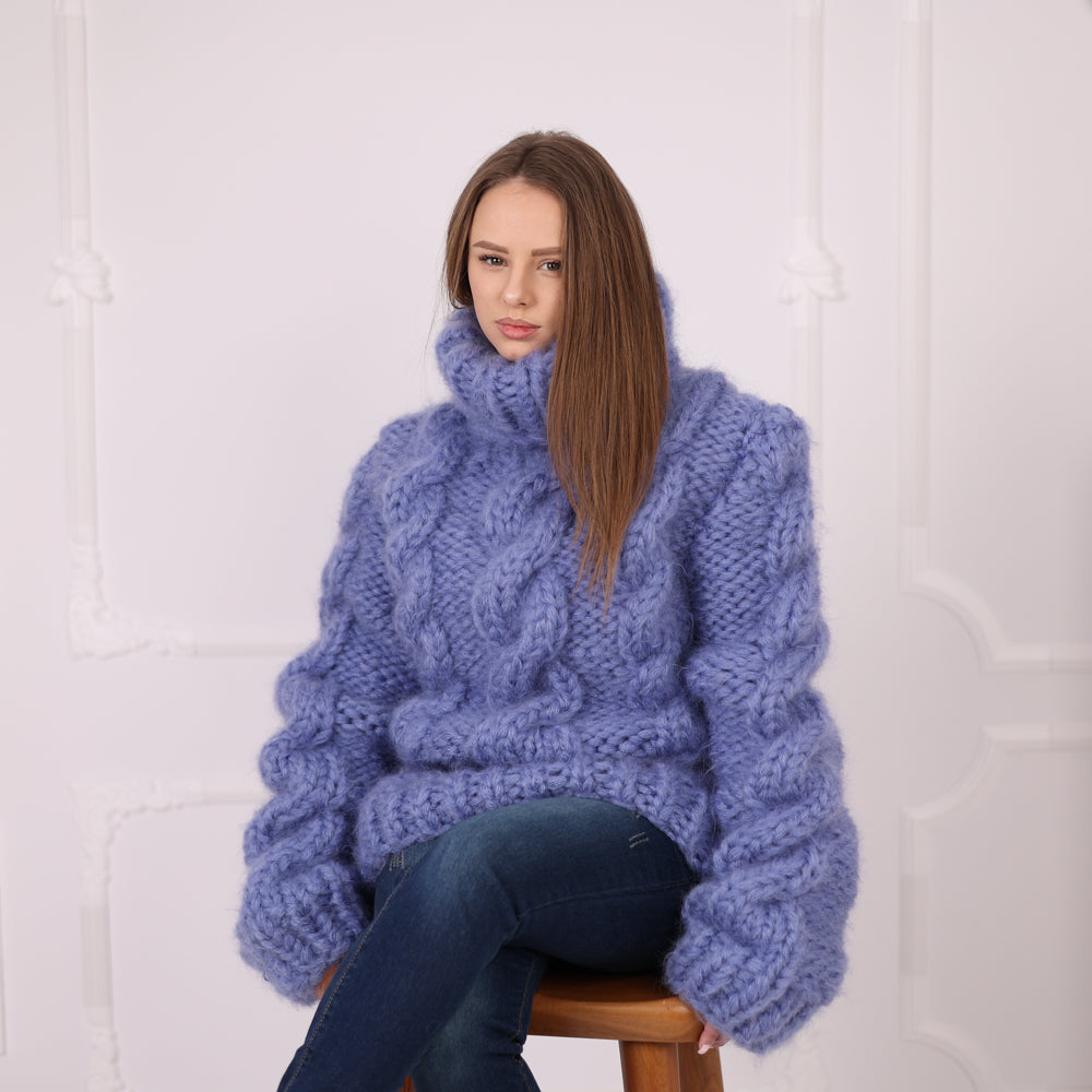 12 Strand Mohair Cable Sweater, Chunky Turtleneck Knit, Oversized Blue Pullover T2182