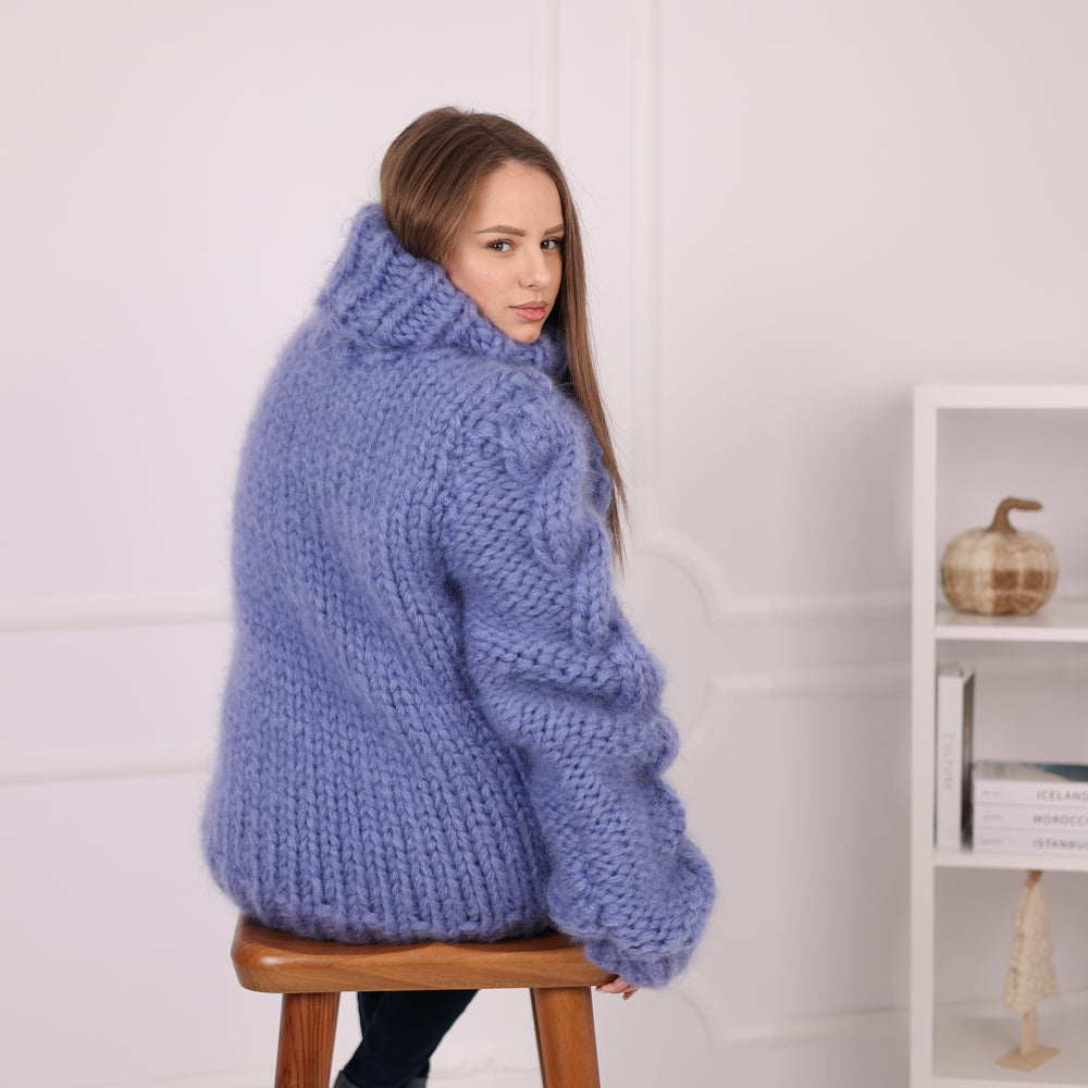 12 Strand Mohair Cable Sweater, Chunky Turtleneck Knit, Oversized Blue Pullover T2182