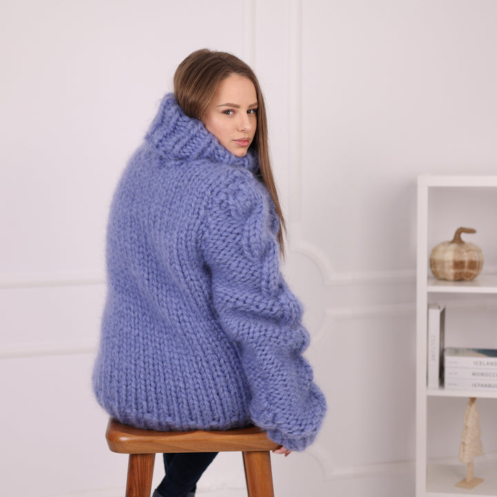 12 Strand Mohair Cable Sweater, Chunky Turtleneck Knit, Oversized Blue Pullover T2182
