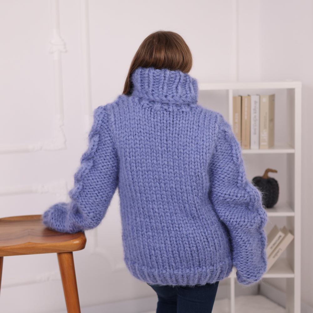12 Strand Mohair Cable Sweater, Chunky Turtleneck Knit, Oversized Blue Pullover T2182