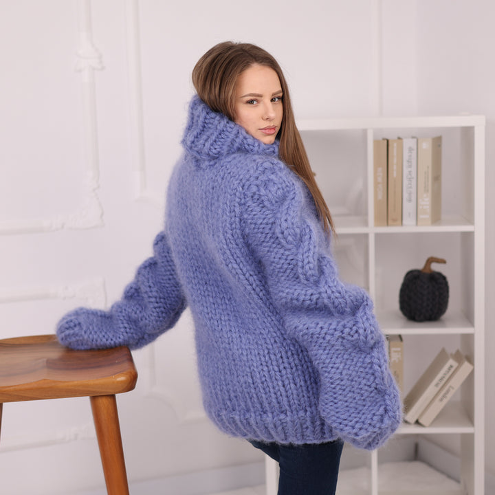 12 Strand Mohair Cable Sweater, Chunky Turtleneck Knit, Oversized Blue Pullover T2182