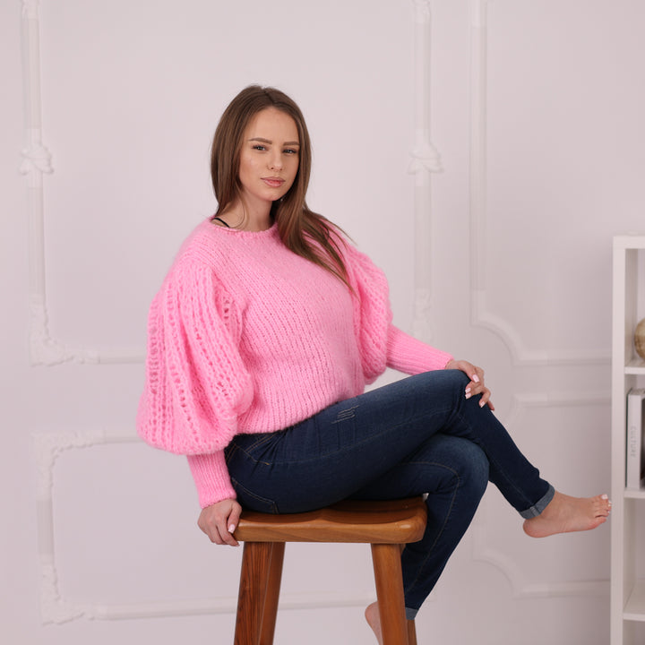 Alpaca Balloon Sleeve Sweater, Cropped Pink Knit Top, Airy Chunky Pullover T2185