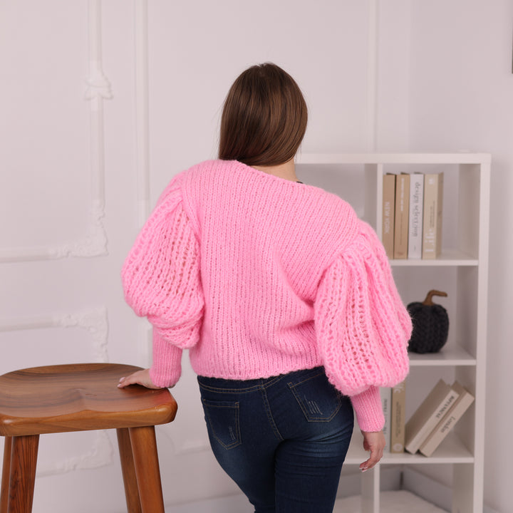 Alpaca Balloon Sleeve Sweater, Cropped Pink Knit Top, Airy Chunky Pullover T2185