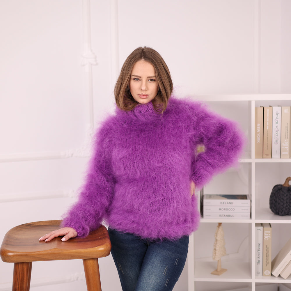 Fluffy Mohair Sweater, Chunky Oversized Turtleneck Knit, Purple Statement Pullover T2181