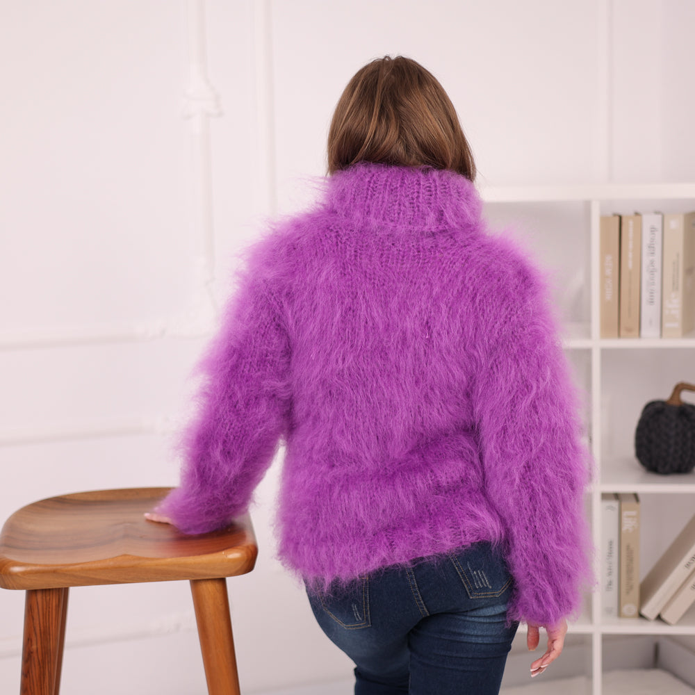 Fluffy Mohair Sweater, Chunky Oversized Turtleneck Knit, Purple Statement Pullover T2181