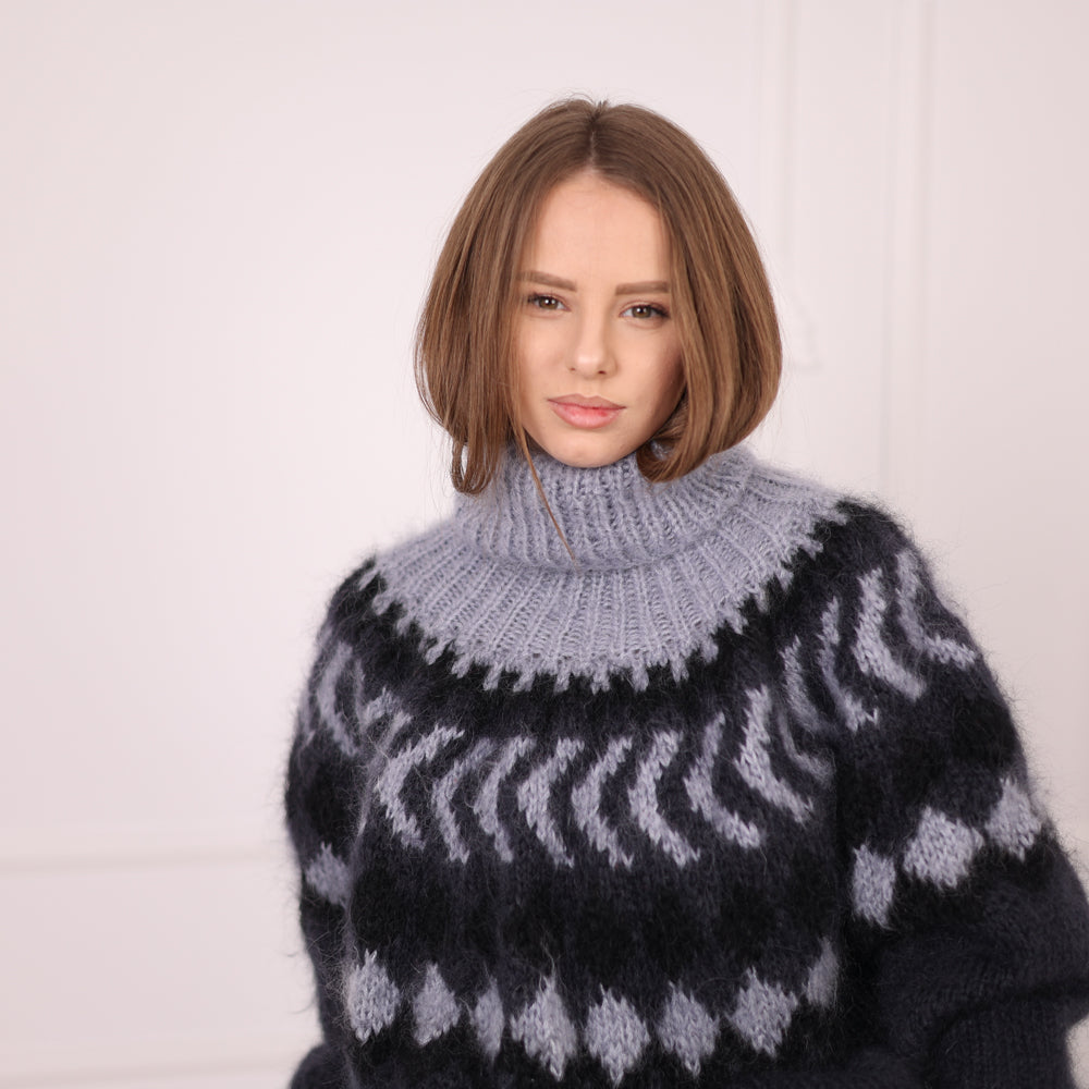 Icelandic Mohair Sweater, Nordic Fair Isle Knit, Oversized Black Gray Pullover T2184