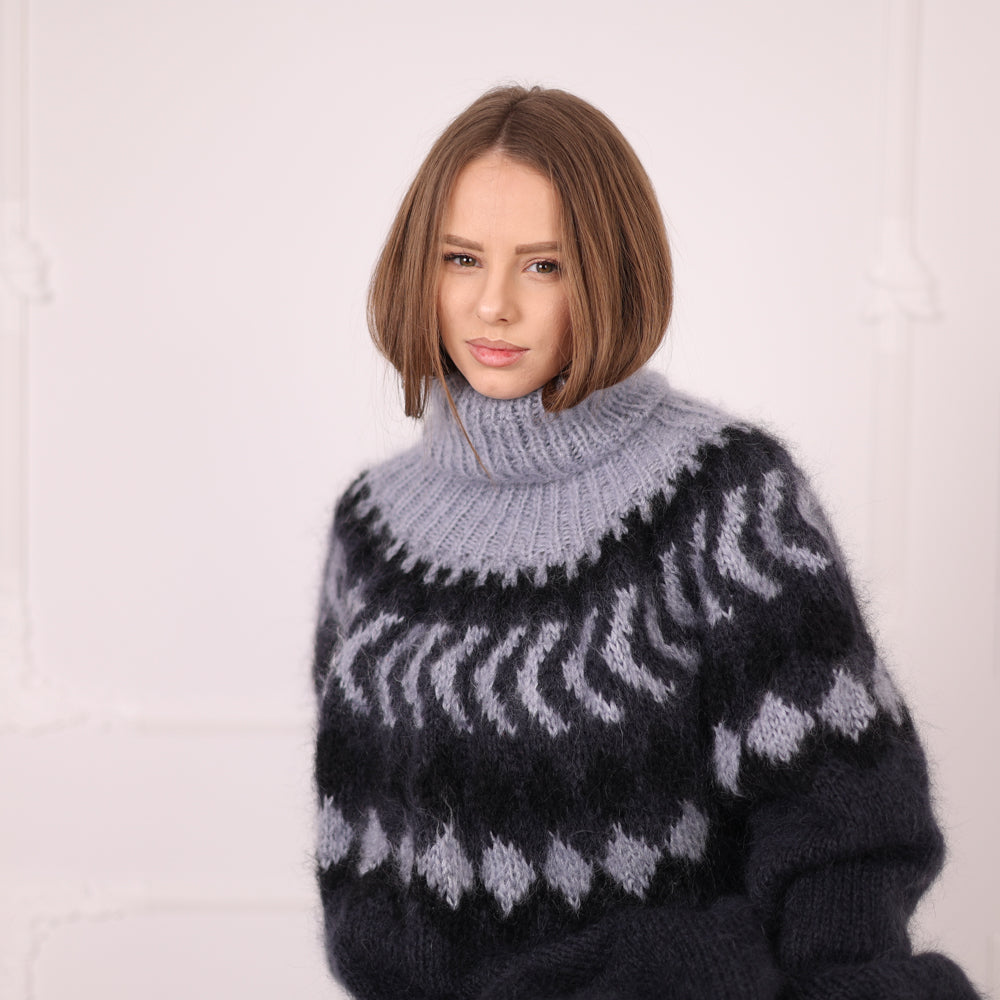 Icelandic Mohair Sweater, Nordic Fair Isle Knit, Oversized Black Gray Pullover T2184
