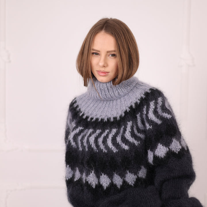 Icelandic Mohair Sweater, Nordic Fair Isle Knit, Oversized Black Gray Pullover T2184