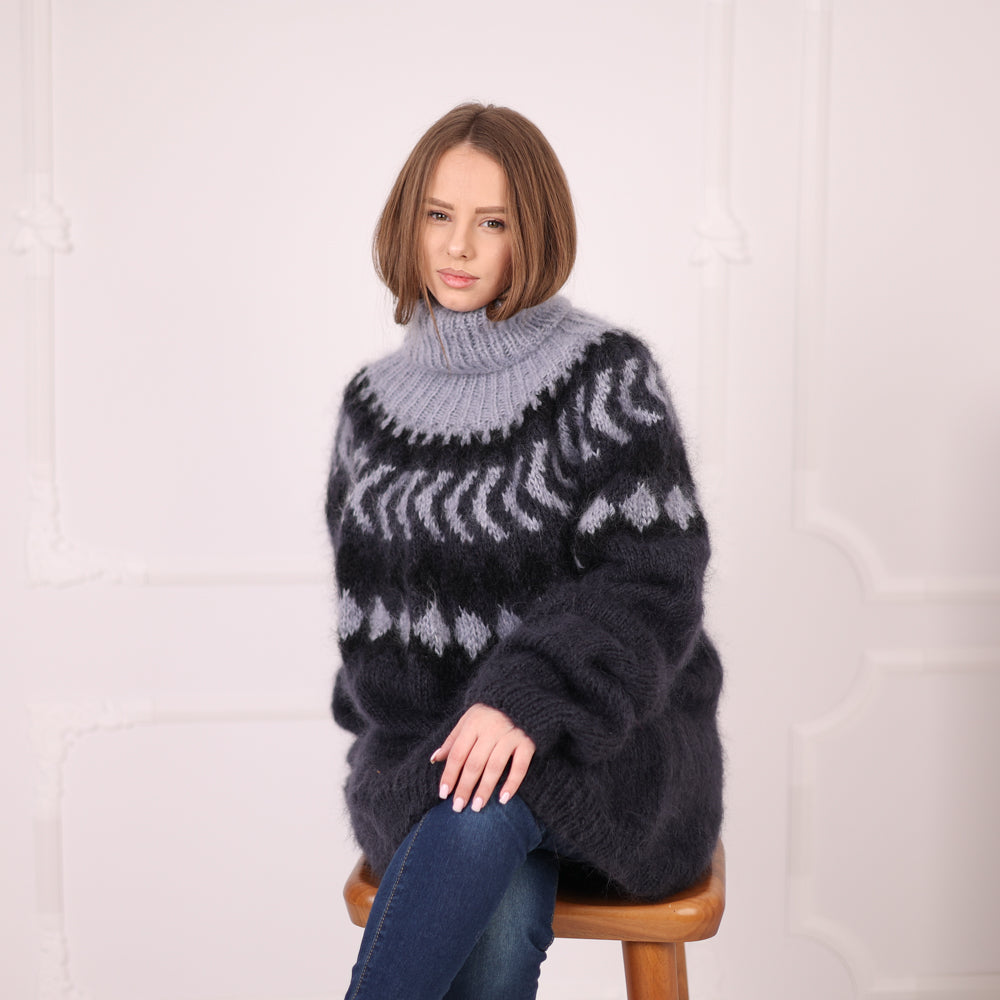 Icelandic Mohair Sweater, Nordic Fair Isle Knit, Oversized Black Gray Pullover T2184