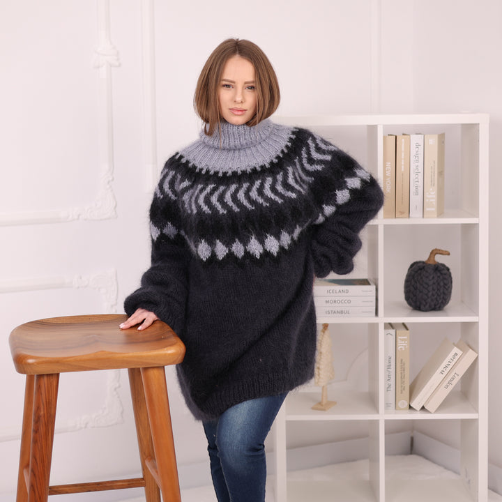 Icelandic Mohair Sweater, Nordic Fair Isle Knit, Oversized Black Gray Pullover T2184